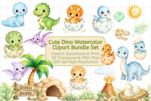 Adorable Watercolor Dino PNG Bundle for Creative Projects