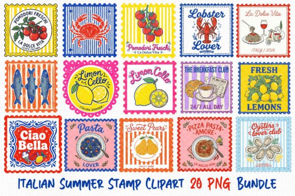 Capturing Mediterranean Joy: Italian Summer Stamp Clipart Bundle