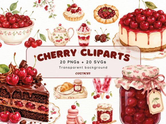 Cherry Watercolor Cliparts: Dessert PNGs for Sweet Designs