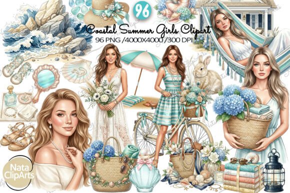 Coastal Summer Girls Clipart Set: A Designer's Seaside Toolkit