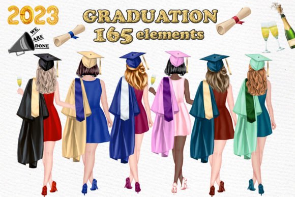 Graduation Girls Clipart: Hand-Painted Watercolor Design Assets