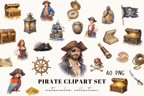 Pirate Clipart Set, Pirate Ship: A Treasure Trove of Watercolor Charm