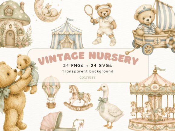 Vintage Nursery Watercolor Cliparts: Heirloom Charm for Modern Design
