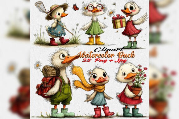 Watercolor Duck PNG Clipart Spring Tea Party Set