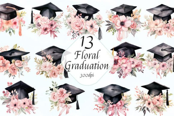 Watercolor Floral Graduation Cap Clipart for Creative Projects