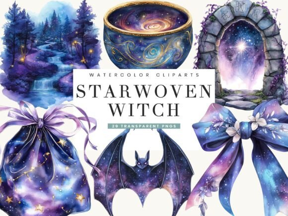 Watercolor Star Woven Witch Clip Art