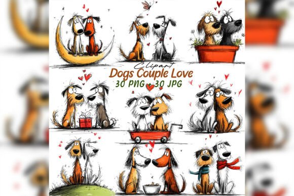 Whimsical Dog Couple Love Clipart Set for Romantic Designs
