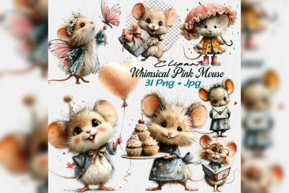 Whimsical Pink Mouse PNG Clipart Set: A Designer's Dreamy Asset